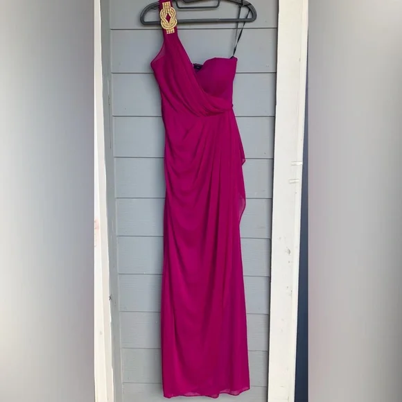 Xscape Elegant Evening Gown Plum Color Size 4  Dress with Gold Embellishment. - Picture 4 of 11